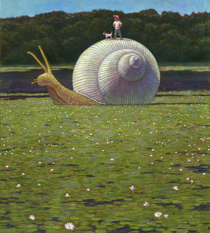 illustration of Educational, young adult, Book cover, magazine cover. Text books, readers, adult, children, story, traditional illustration, fantasy, ocean, animals, snail, monsters, , water, dog, liiy pads, plants. forest, view, landscape, flowers, discovery, trip, journey, engage, meeting, conceptual, adventure, friendship,