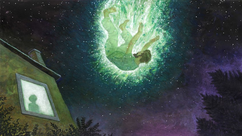 illustration of Blue Chalk Media Illustrations for a film production on sleep paralysis, Educational, young adult, Book cover, magazine cover. Text books, readers, adult, children, story, traditional illustration, fantasy, space, night, stars, Extraterrestrial life, sci-fi, night, dream, nightmare, outer space