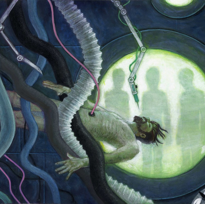 illustration of Blue Chalk Media Illustrations for a film production on sleep paralysis, Educational, young adult, Book cover, magazine cover. Text books, readers, adult, children, story, traditional illustration, fantasy, interior, room, sci-fi, night, dream, night, dream, nightmare, outer space, fear, scary, frightening