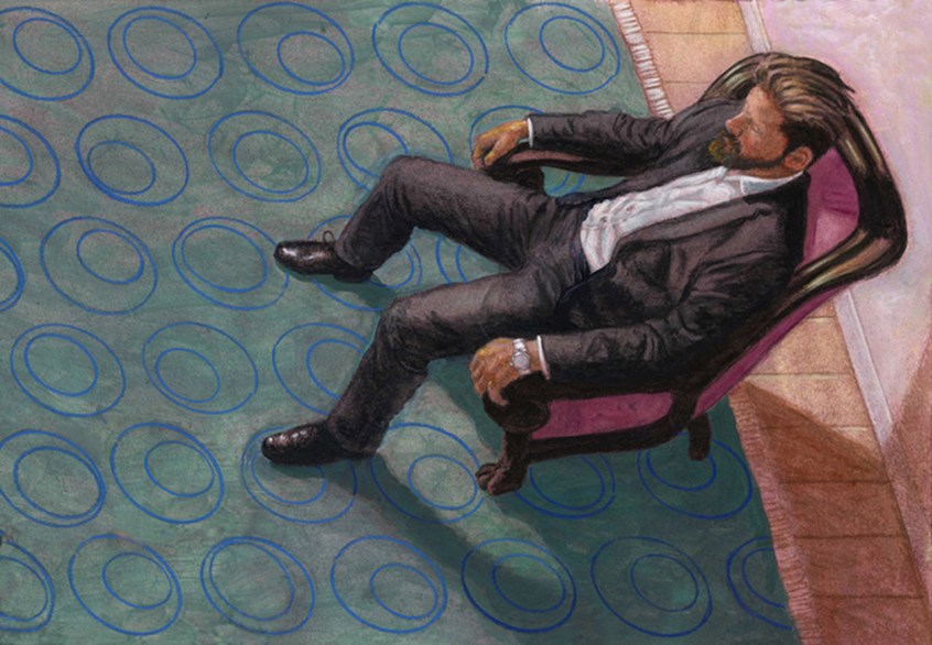 illustration of Blue Chalk Media Illustrations for a film production on sleep paralysis , carpet, pattern, suit, man, thinking, fashion, watch, hypnosis, Blue Chalk Media Illustrations for a film production on sleep paralysis, Educational, young adult, Book cover, magazine cover. Text books, readers, adult, children, story, traditional illustration, fantasy, interior, room, sci-fi, night, dream, night, dream, nightmare,