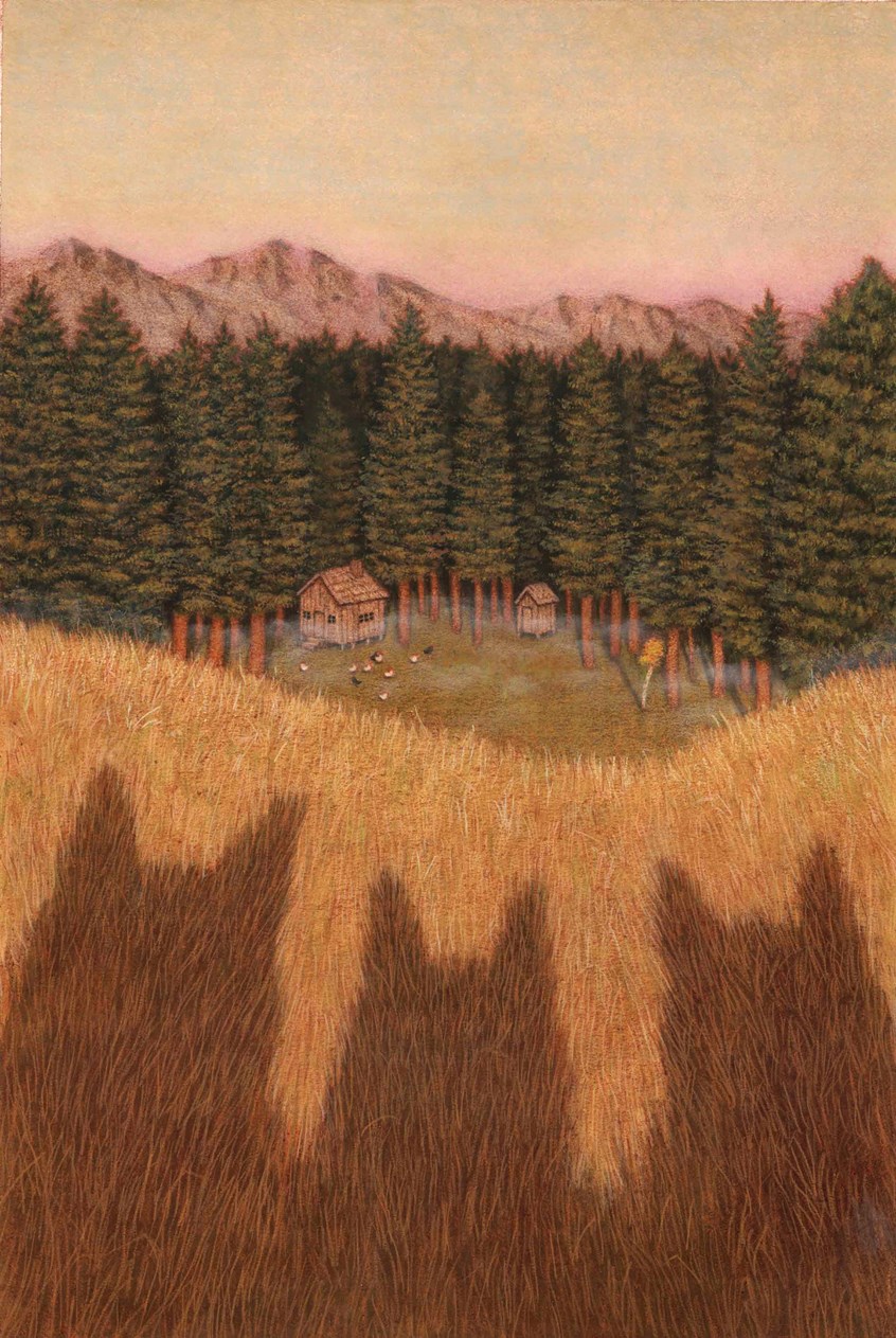 illustration of Art Director Kathleen Flanigan - Harper Collinsyoung adult, Book cover, magazine cover. Text books, readers, adult, children, story, traditional illustration, fantasy, animals, wolves, forest, mountains, pine trees, cabin, animal, shadow, mystery, myst