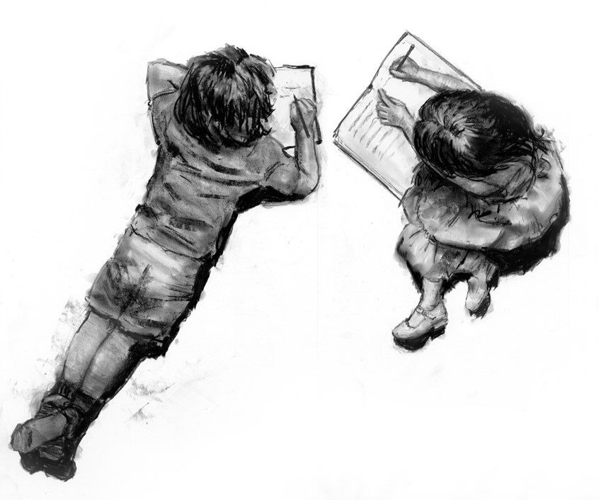 illustration of Art Director Janet Radoman
English Language Arts, black and white, educational, children, school, learning, writing, words, education, floor, brother and sister, family, friendship, learning, concept, thinking