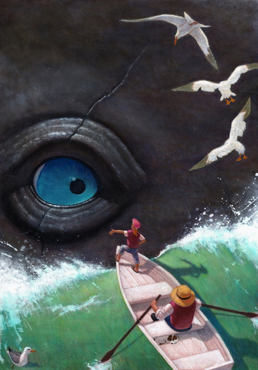 illustration of Educational, young adult, Book cover, magazine cover. Text books, readers, adult, children, story, traditional illustration, fantasy, ocean, animals, birds, monsters, boat, dog, wave, eye, dramatic, animal, discovery, trip, journey, engage, meeting, conceptual