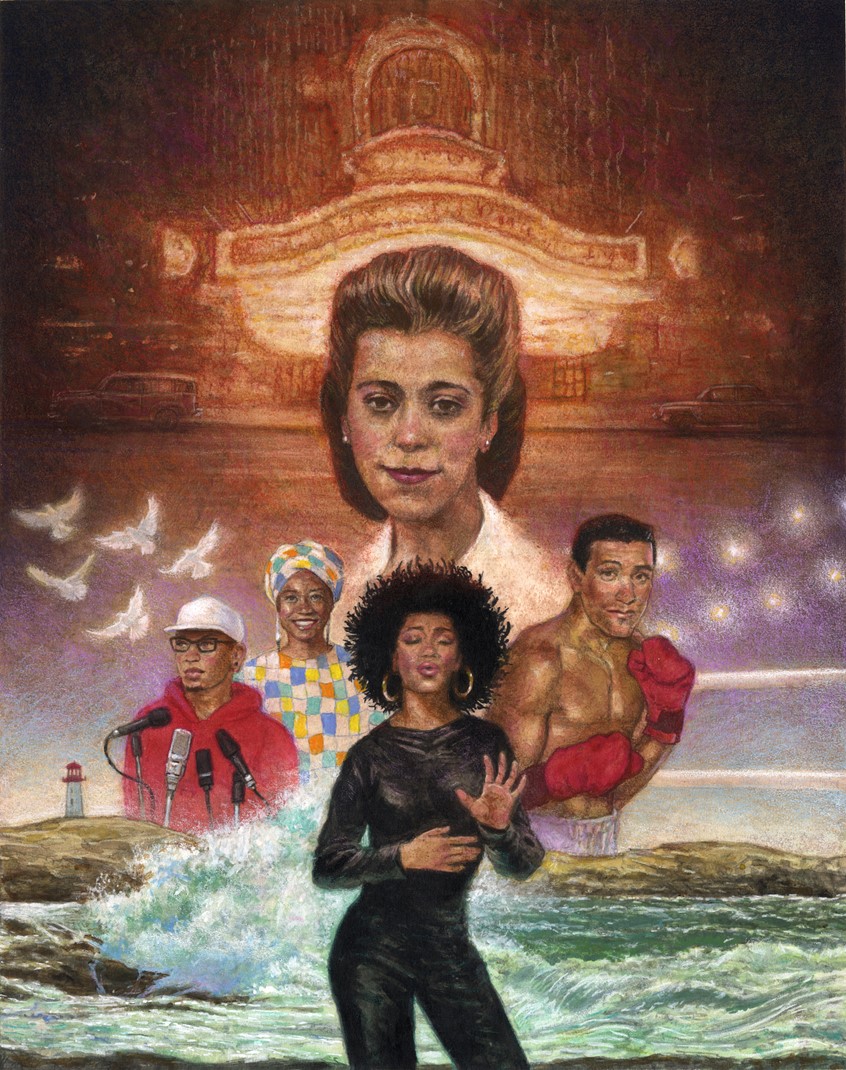 illustration of A full-colour illustrated book features over 50 amazing Black people from Nova Scotia, New Brunswick, Prince Edward Island, and Newfoundland and Labrador, sharing their incredible stories and accomplishments, past and present, music, singer, water, sea, ocean, light house, boxer, athletic, sports, activist, theater, speaker lights, poster, comunity, rights,