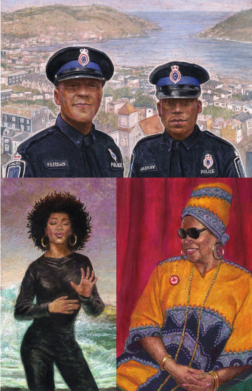illustration of A full-colour illustrated book features over 50 amazing Black people from Nova Scotia, New Brunswick, Prince Edward Island, and Newfoundland and Labrador, sharing their incredible stories and accomplishments, past and present, music, singer, water, sea, ocean, light house, boxer, athletic, sports, activist, theater, speaker lights, poster, atmosphere, law police, singer, music, buildings, diversity, comunity, leader