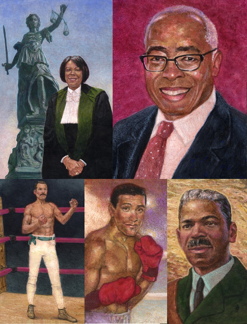illustration of A full-colour illustrated book features over 50 amazing Black people from Nova Scotia, New Brunswick, Prince Edward Island, and Newfoundland and Labrador, sharing their incredible stories and accomplishments, past and present, music, singer, water, sea, ocean, light house, boxer, athletic, sports, activist, theater, speaker lights, poster, atmosphere, judge, law, boxer, soldier, army, fight, bussiness, stature