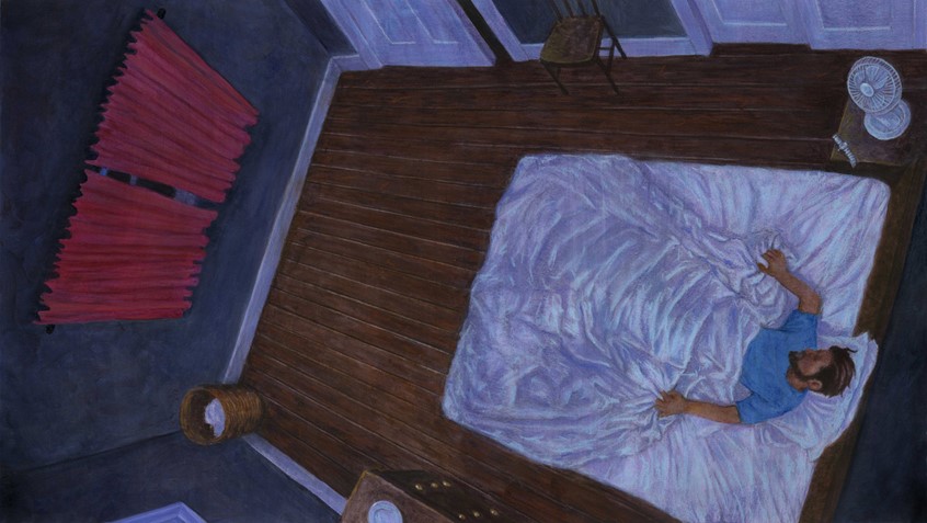 illustration of Blue Chalk Media Illustrations for a film production on sleep paralysis, Educational, young adult, Book cover, magazine cover. Text books, readers, adult, children, story, traditional illustration, fantasy, interior, room, sci-fi, night, dream, night, dream, nightmare, outer space
