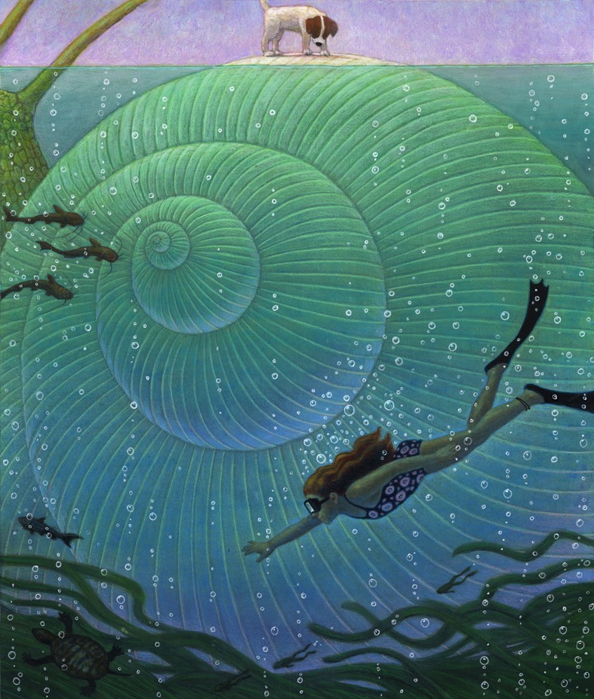 illustration of Educational, young adult, Book cover, magazine cover. Text books, readers, adult, children, story, traditional illustration, fantasy, ocean, animals, snail, monsters, boat, water, swimming, plants, bubbles, fish, animal, discovery, trip, journey, engage, meeting, conceptual, deep, under water, swimming, bubbles, cat fish, dog, animals, fun