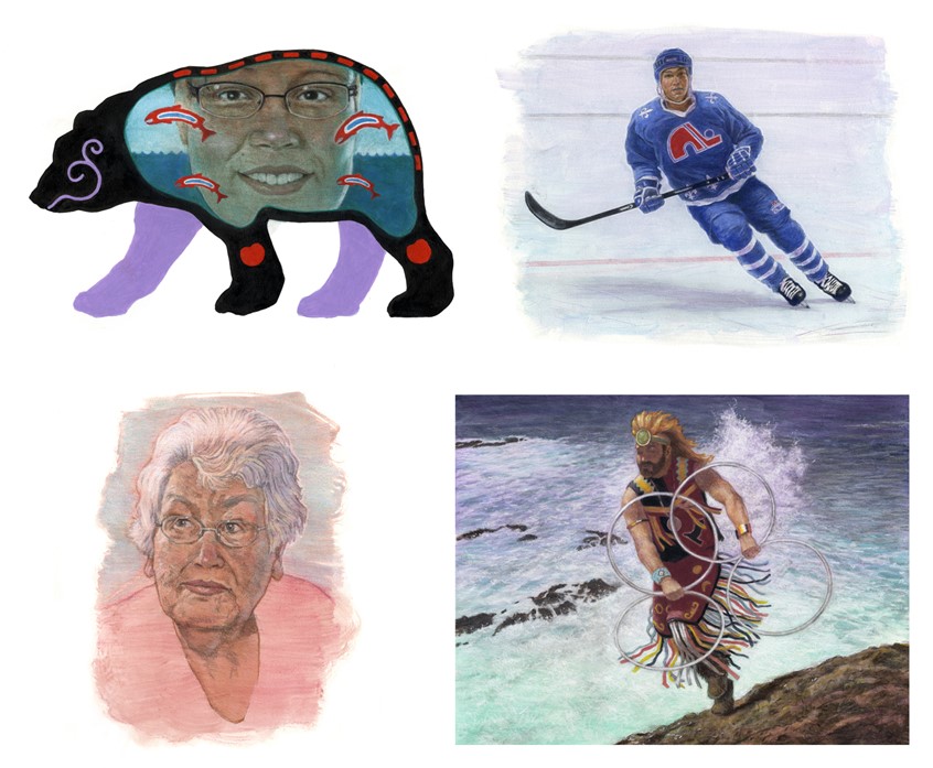 illustration of Indigenous, Book Covers, Children's Books, Children's Products, Historical, Landscape, Nature, People, Portrait, Posters, Lifestyle, ocean, wave, sea, portrait, bear, wildlife, salmon, fish, hockey, sports, dance, ceremony, culture, ice, skate