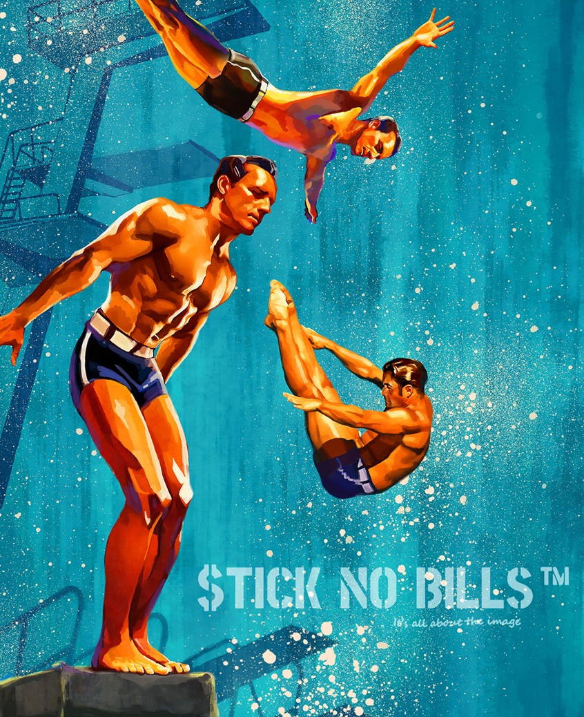 illustration of illustration, 50s posters, figurative, portrait, historic, advertising campaign, branding
publishing, magazine illustration, diving, olympic athletes