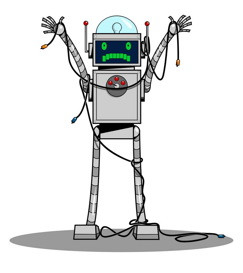 illustration of Fun robot illustration for web 504 page – technical difficulties. Plays on the idea that the robot has pulled all the cords from the internet. Displayed on MLE/VLE software for children. Robot, children, fun, playful, grey, gray, web illustration, vector.