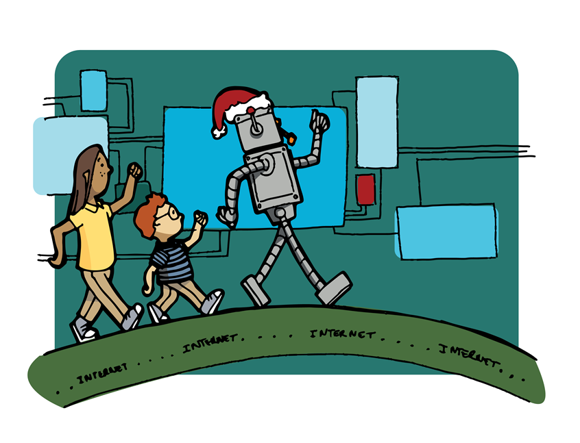 illustration of Children's book illustration for a custom holiday gift. Plays on the idea that the robot is the guide for the internet within schools. Created for teachers as a learning tool to educate children on internet behaviors within the MLE/VLE software. Robot, children, fun, playful, grey, gray, children's book illustration, vector, holiday gift.