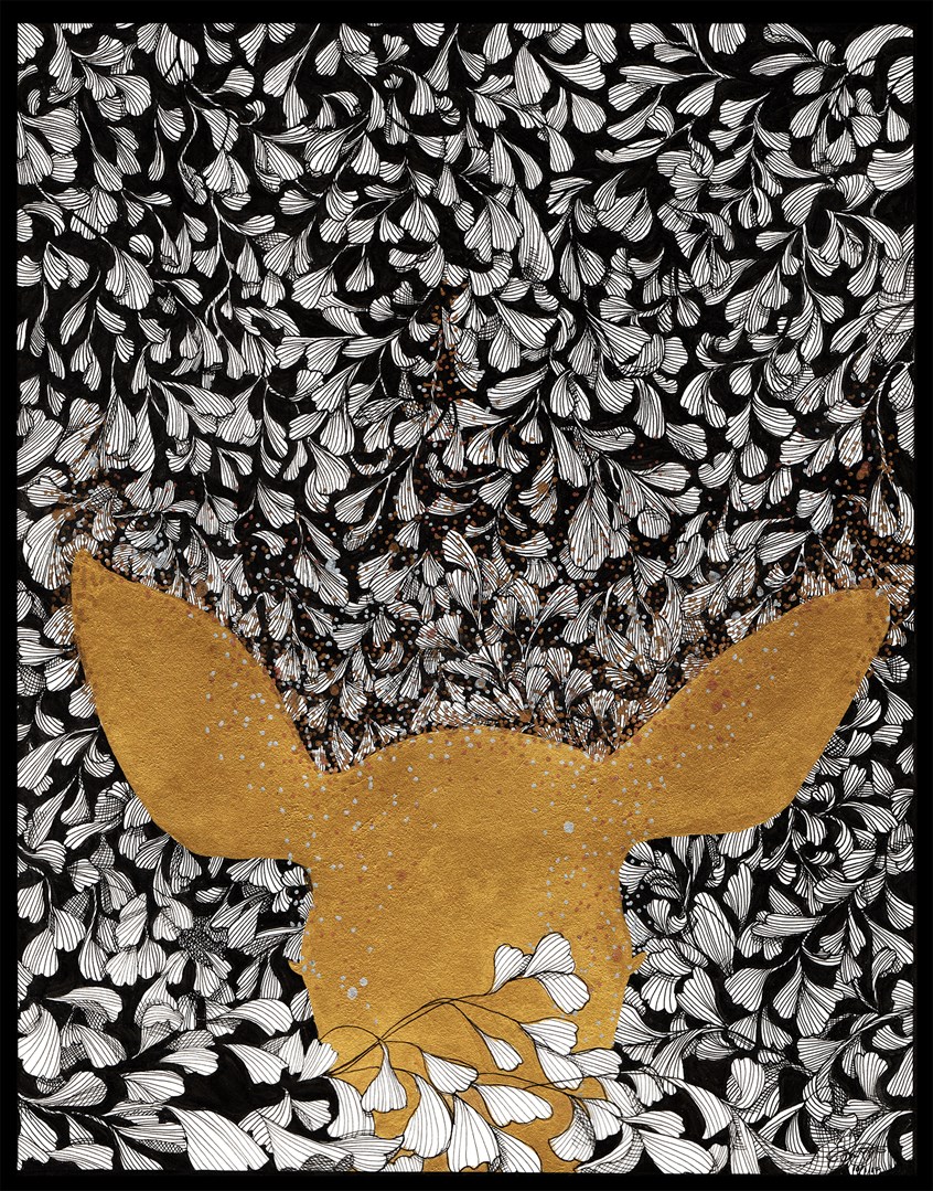 illustration of Stylized, graphic, with black, gold, and silver ink Refined and sophisticated look. Black and white illustration with a bold graphic style. Stylized animal illustration. Nature, deer, animal, birch tree, snow, winter, opinion, stippling, line art.