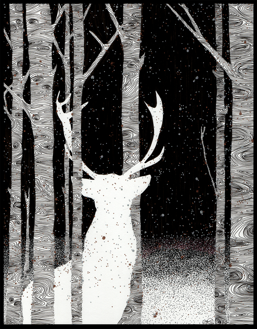 illustration of Stylized, graphic, with black, gold, and silver ink Refined and sophisticated look. Black and white illustration with a bold graphic style. Stylized animal illustration. Nature, deer, animal, birch tree, snow, winter, opinion, stippling, line art.