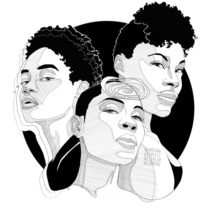 illustration of More than human, an update to the classic novel featuring the main characters as POC. Strong women with abilities they use to bring the world together.
Black and white, pen & ink, digital illustration, representation, women, comic, stylized illustrations, mystery, action, graphic, edgy