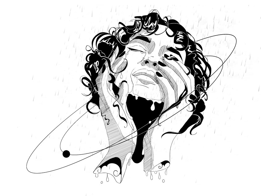 illustration of Tears in the rain, the universe is unknown. I like the idea that our emotions are forming solar systems around us.
Concept, portrait, figurative, abstract