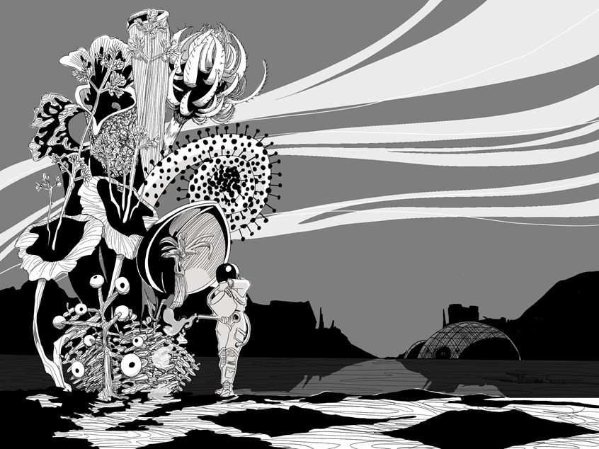 illustration of What's a little gardening between friends. This science fiction exploration of what gardening could be like on mars.
Comics, ink, florals, mutant, astronaut, mars, exploration