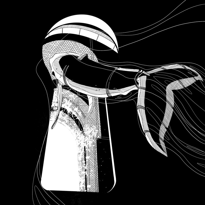 illustration of Robotic whale going through an ocean lock in black and white. Digital illustration with procreate at a high resolution for possible use in editorial and science fiction anthologies.