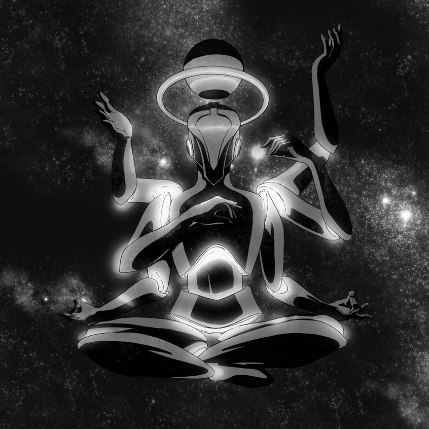 illustration of Floating AI in space. When will they reach enlightenment? Done in digital ink via procreate.
Robots, black & white, deep space, glowing, chrome, stars, science fiction, scifi, zen