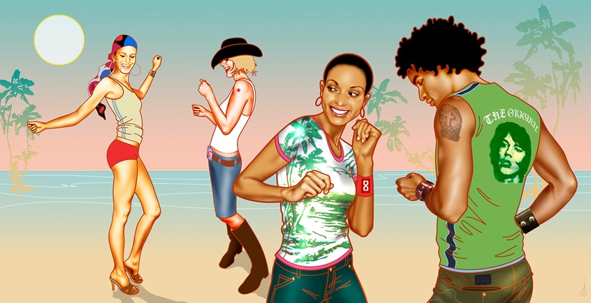 illustration of A group of hip young people are dancing at a beach party.
Beach, fun, friends, trendy young people, cowboy hat, scarf, boots, black woman, black man, shorts, moon, palm tress, pastel sunset.