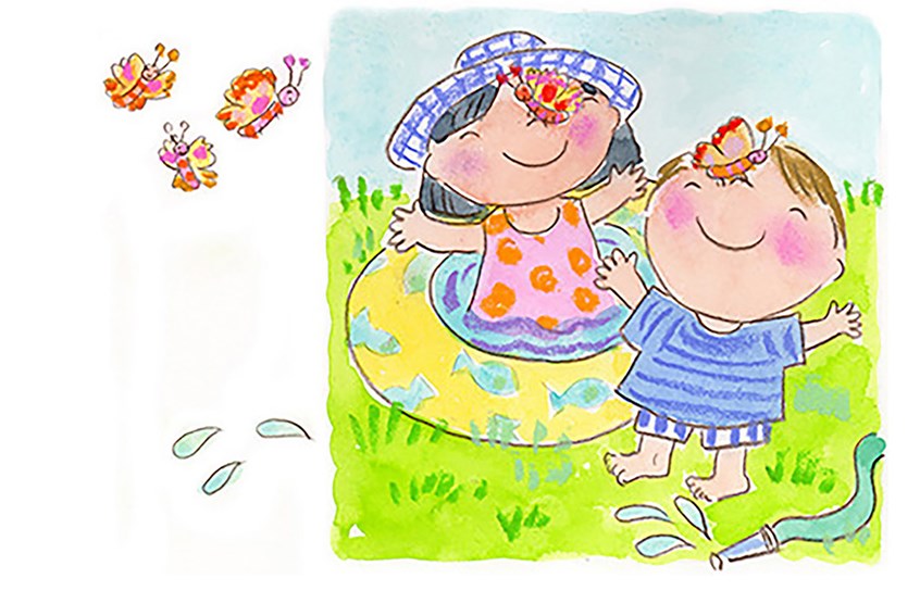 illustration of licensing greeting cards clothing games clothing children kids books packaging nursery art watercolor butterflies tickles garden hose splashing swimming pool summer fun backyard elearning virtual Toy Playful Playing Safe Covid 19 Outdoor Activity Corona Virus Friendship Scenery Animals Pets Happiness Leisure Games Picture Book Cover Literature