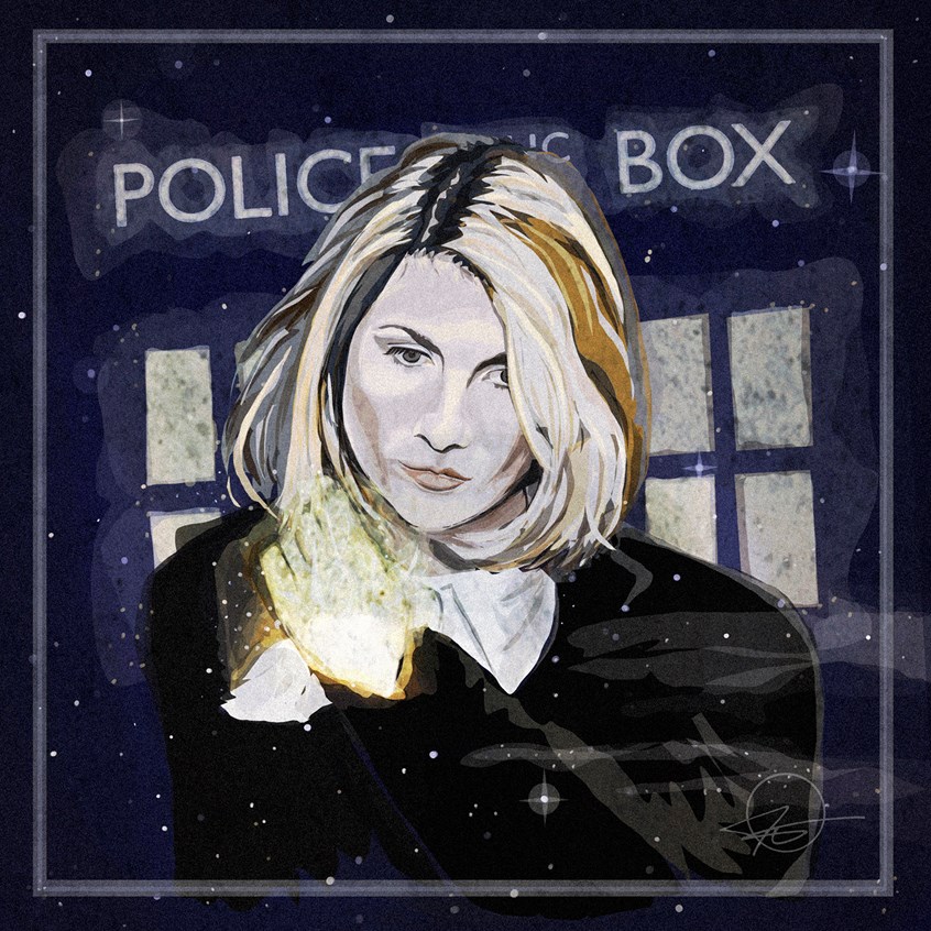 illustration of Jodie Whittaker as the 13th Doctor from the latest series of Doctor Who.
Illustrator, illustration, art, design, best, consumer, arts, Tv, science fiction, uk, bbc, fantasy, portrait, poster, promo, hair, clouds, classic tv, entertainment, pale, glowing, cover, magazine, editorial