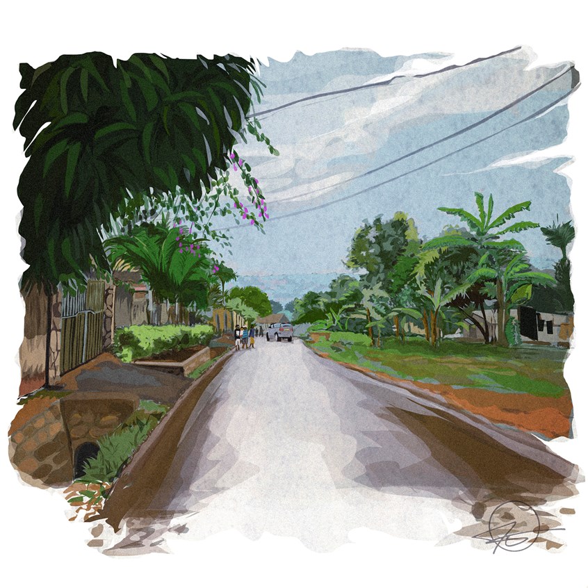 illustration of Driving, just after a rain storm in Kampala Uganda.
Illustrator, illustration, art, design, best, consumer, arts, Travel, tourism, environment, road, trees, neighbourhood, car, people, sky, shrubs, brick, palm trees, clouds, adventure