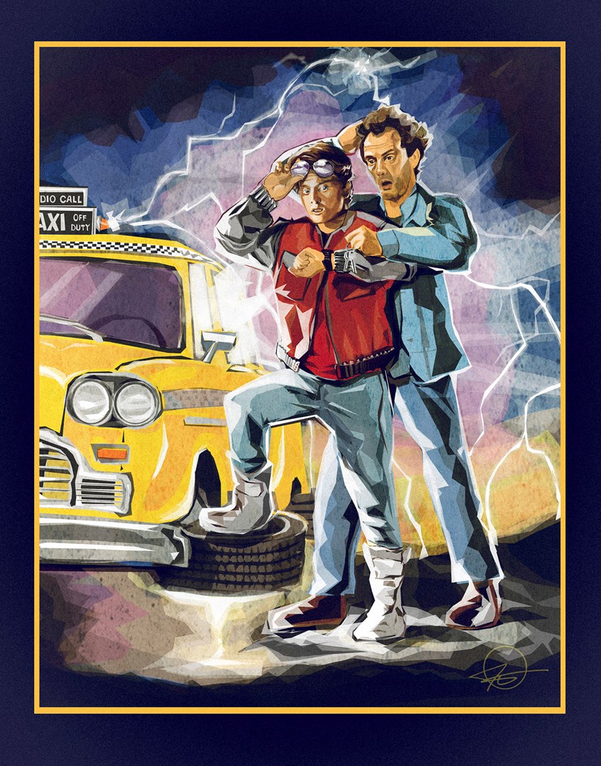 illustration of A Mash-up of the TV show Taxi, and the Back to the Future Movie.
Illustrator, illustration, art, design, best, consumer, arts, Parody, humorous, poster, entertainment, lightning, whimsical, funny, outta time, portrait, magazine, movie, character, celebrity, glasses