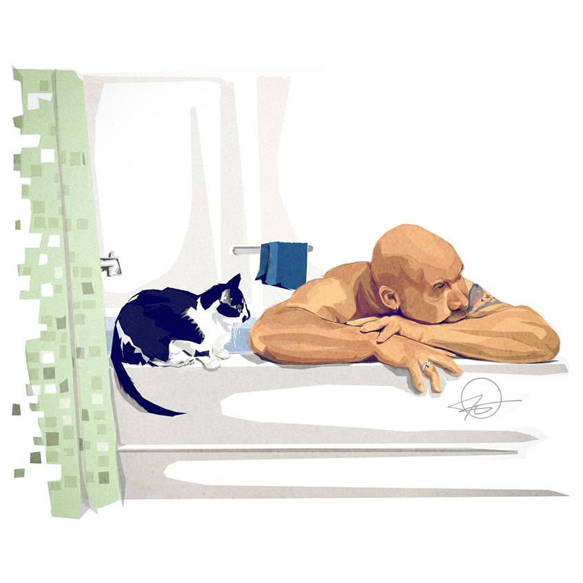 illustration of A depiction of bath time when you have a cat. Illustration, illustrator, art, design, consumer, bathroom, domestic animals, pet, cat, feline, kitty, curtain, relaxation, spa, washing, water, environment, best