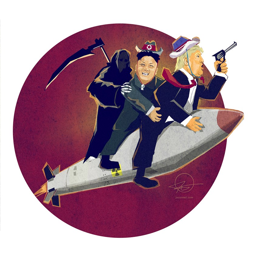 illustration of A depiction of the some of the rhetoric around the arms talks between USA and N. Korea
Illustrator, illustration, art, design, best, consumer, arts, Trump, us president, parody, satire, editorial, rocket, comedy, book, cover, impeachment, nuclear, Armageddon, commentary caricature, politics, us politics, world politics, war, warning, democracy, vote, immigration