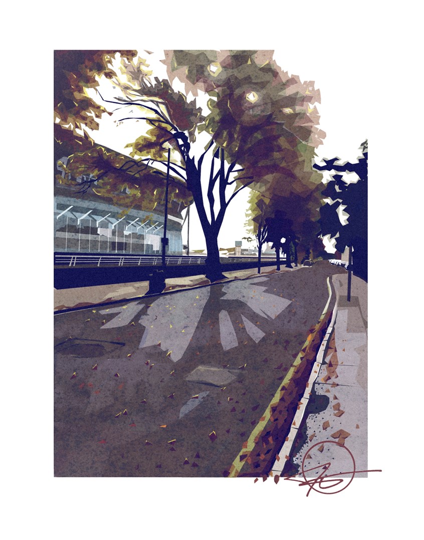 illustration of Cardiff, Wales, Fitzhammond-Embankment, and Principality Stadium, along the river Taff.
Illustrator, illustration, art, design, best, consumer, arts, Uk, travel, adventure, tourism, trees, sky, leaves, shadow, poster, postcard, glass, reflection, architecture, silhouette, editorial