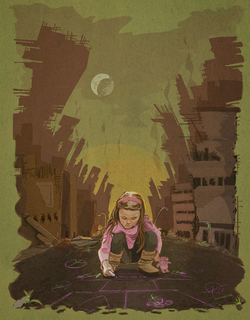 illustration of An idea I had about a little girl forgiving us, for the apocalypse.
Illustrator, illustration, art, design, best, consumer, apocalyptic, apocalypse, poster, young, girl, editorial, atomic bomb, article, book cover, biochemical weapons, futuristic, environment, pollution, destruction, post apocalyptic, caution, radiation, radioactive, contamination, ruins, moon, dark sky, hopscotch