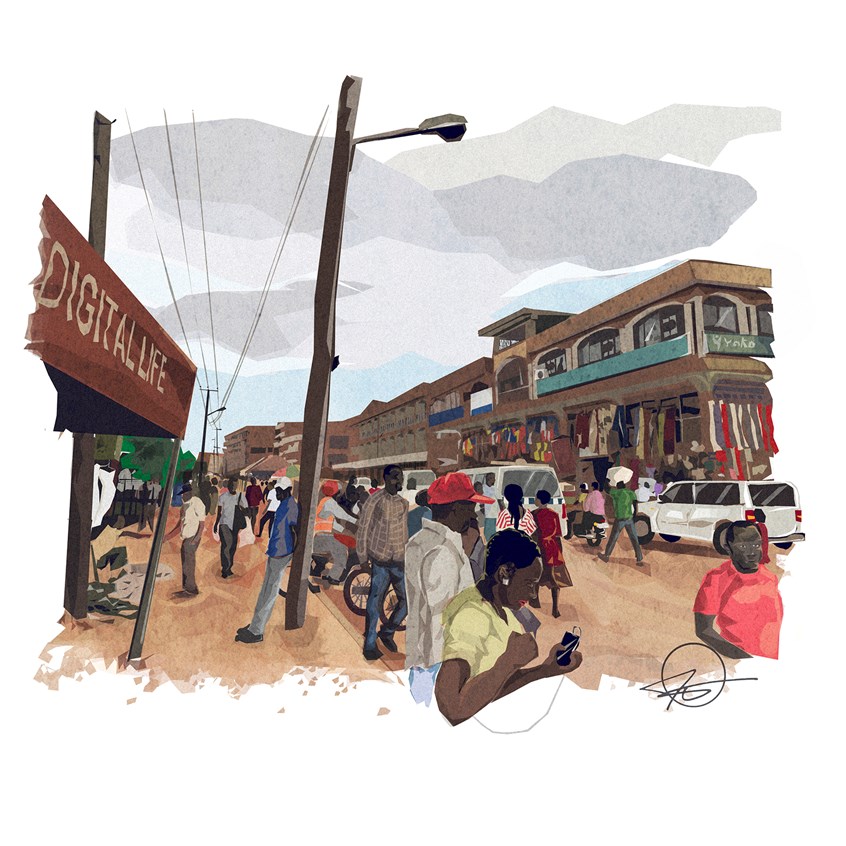 illustration of A slice of life from downtown Kampala, Uganda.
Illustrator, illustration, best, art, design, consumer, city, cityscape, ethnicity, people, crowd, street, road, buildings, cars, markets, signs, culture, editorial, travel, tourism, tourist, family, friends, street markets, explore, exploration, grey sky
