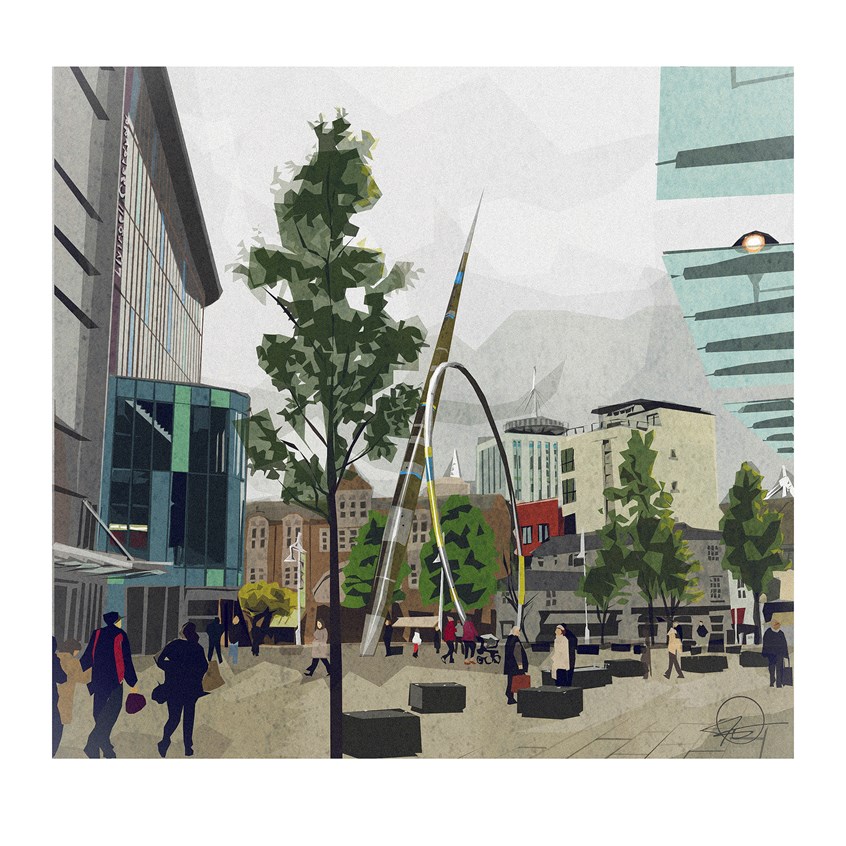 illustration of The Cardiff public library along the Hayes, in Cardiff, UK.
Illustrator, illustration, art, design, best, consumer, arts, travel, tourism, environment, architecture, people, crowd, cityscape, lifestyle, grey sky, trees, buildings, glass, reflection, metal, editorial, book, shopping