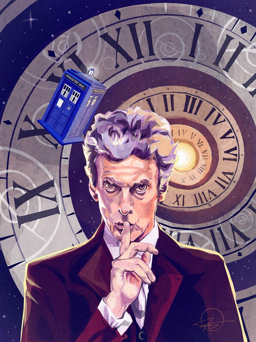 illustration of Peter Capaldi as the 12th Doctor in the TV show Doctor Who.
Illustrator, illustration, art, design, best, consumer, arts, Science fiction, tv, celebrity, character, clock, fantasy, series, cover, magazine, editorial, bbc, hair, tardis, time travel, angry, scary, horror, kids, adults,