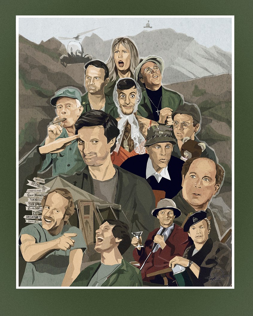 illustration of The 4077... the gang's all here.
Illustrator, illustration, art, design, best, consumer, arts, Tv, show, series, comedy, character, army, collage, poster, cover, book cover, emotion, helicopter, hills, environment, entertainment, portrait, cigar, salute, classic tv, signs, martini, tent
