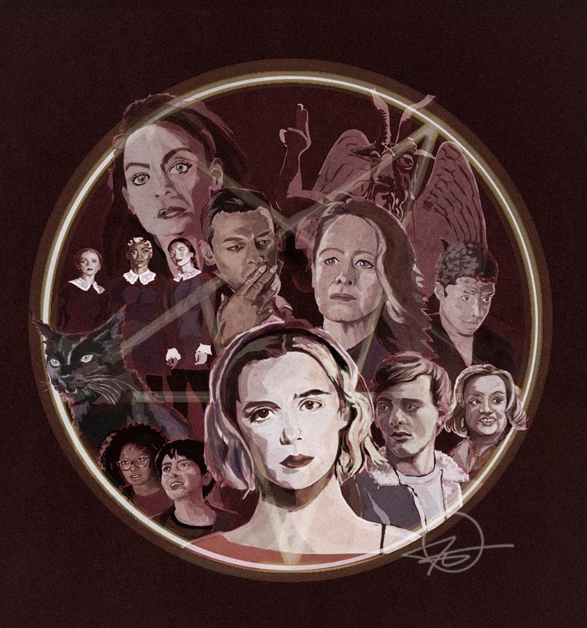illustration of A collage of The Chilling Adventure of Sabrina, from the Netflix series 1.
Illustrator, illustration, art, design, best, consumer, series, poster, people, teen, witch, girls, boys, satanic, character development, entertainment, arts, culture, promotion, film, celebrity, portrait, film industry, media, movie, concept