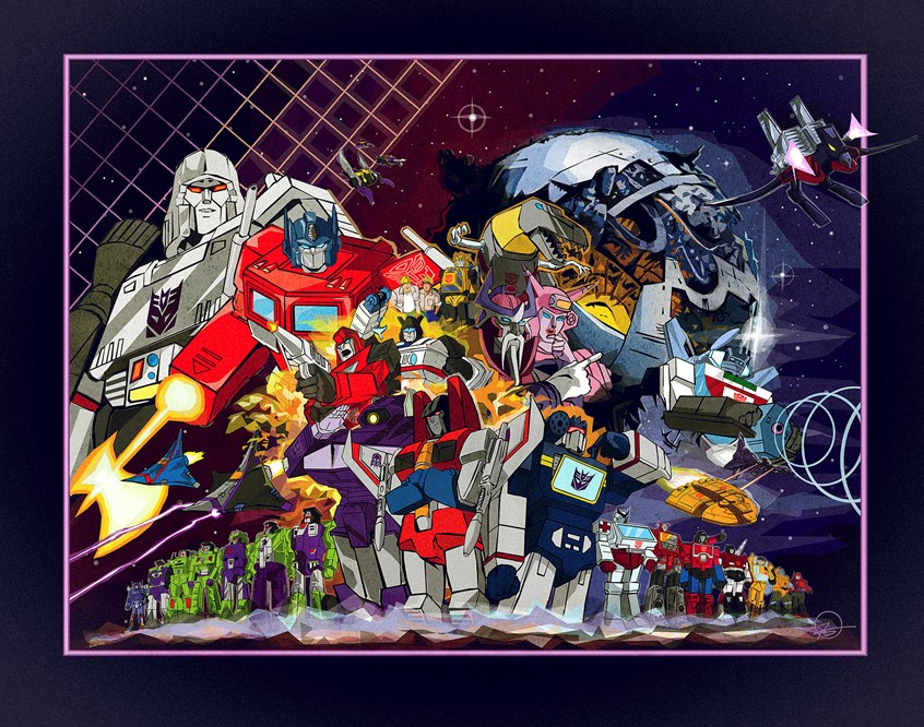 illustration of A collage of Generation 1 Transformers, from before the movie.
Illustrator, illustration, art, design, best, consumer, 80s, cartoon, cult classic, autobot, deception, kids, tv, children, poster, collage, action, explosion, space, cars, jets, robots, science fiction, Optimus Prime, megaton, cybertron, planets, adventure, imagination