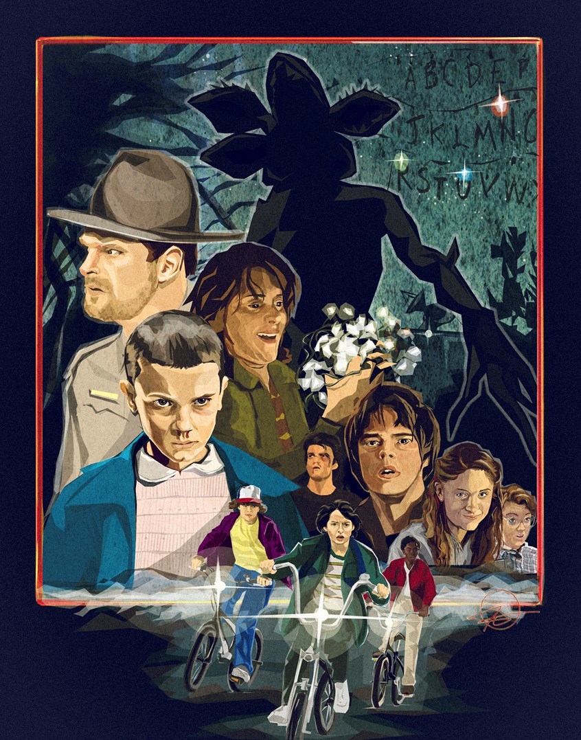 illustration of A Collage of the first series of the Netflix show Stranger Things.
Illustrator, illustration, art, design, best, consumer, series, tv, horror, teen, children, movie, poster, science fiction, film, book cover, action, environment, alien, dark sky, boys, girls, Hollywood, portrait, lights, shadows, promo, monsters, arts, celebrities, film industry