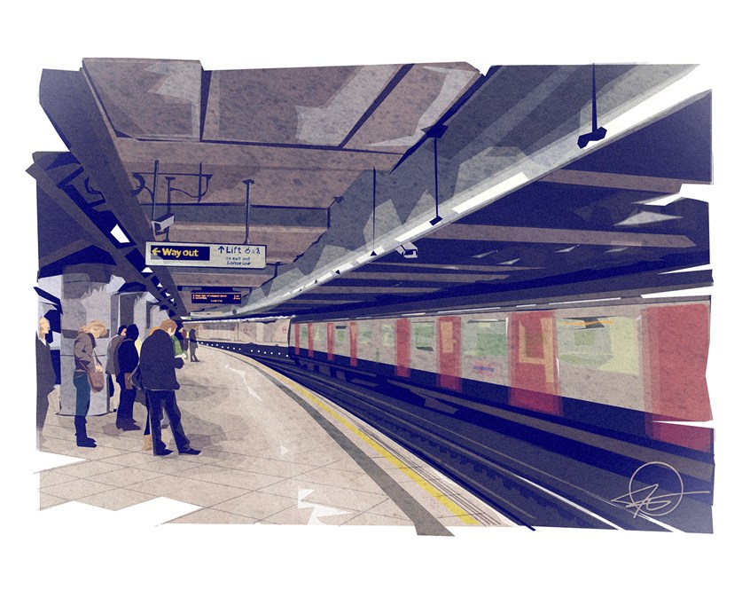 illustration of A slice of life from the London Underground.
Illustrator, illustration, art, design, best, consumer, arts, Travel, tourism, editorial, environment, London, people, trains, city, people, crowd, signs, tile, motion, lifestyle, concrete, station, transit, uk, Europe, subway