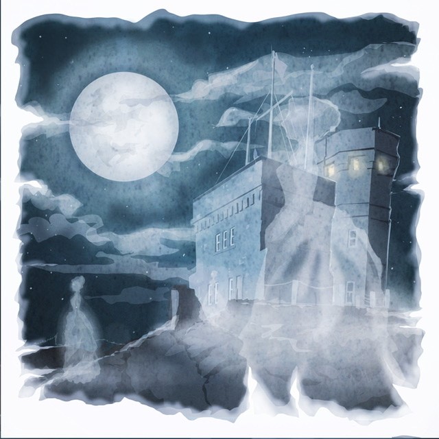 illustration of Spirits of wives still waiting for their husbands lost at sea. Illustrator, illustration, best, art, design, consumer, city, ethnicity, people, buildings, culture, editorial, travel, tourism, tourist, family, friends, street markets, explore, exploration, night sky, ghost, story, history, Canadiana, Canada