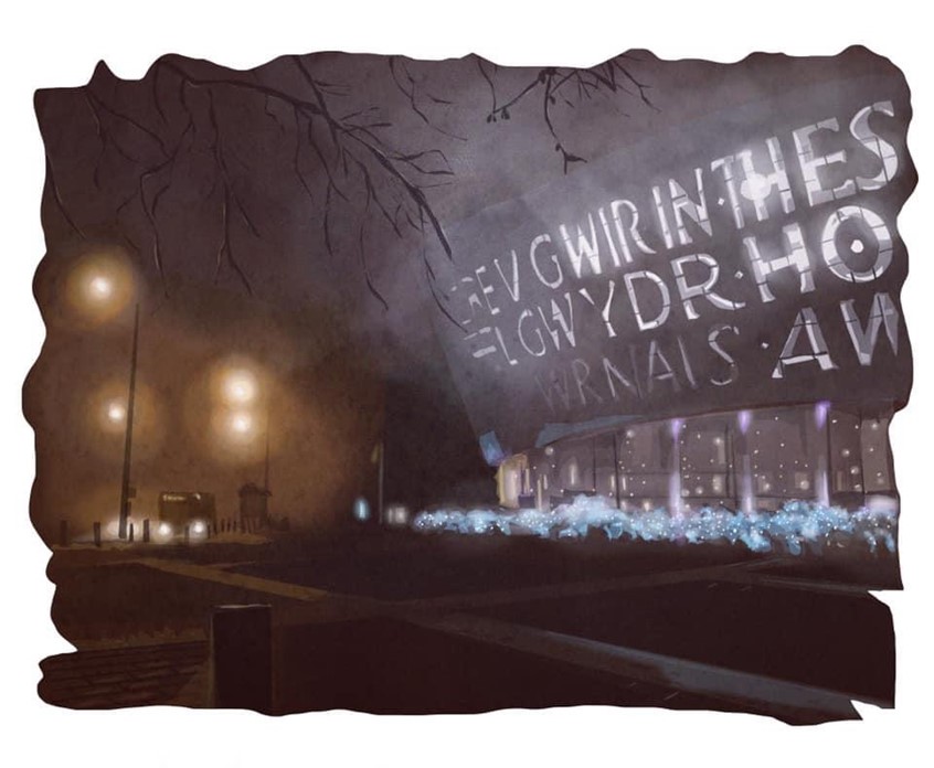 illustration of Night time cold of winter on Cardiff Bay. Illustrator, illustration, best, art, design, consumer, city, cityscape, street, road, buildings, cars, markets, signs, culture, editorial, travel, tourism, tourist, family, friends, street markets, explore, exploration, black sky, winter, mist, lights, fog, uk, wales
