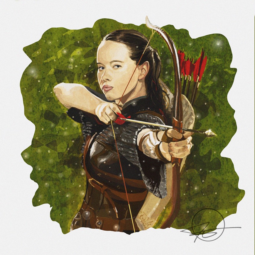 illustration of Anna Popplewell in her depiction of Queen Susan from Disney’s Chronicles of Narnia. Movie, character, portrait, woman, bow, arrow, archer, Illustrator, illustration, best, art, design, people, culture, editorial, armour, leather,