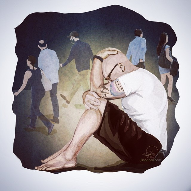illustration of Abandonment and depression, prompt from a drawloween list. Editorial, magazine, cover, book cover, best, figure, people, mood, isolation confusion emotional mental health COVID well-being grief facial expression tattoo ethnic diversity divorced hangover relationship sadness adversity