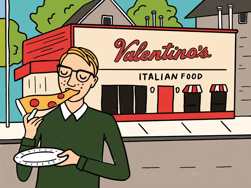 illustration of For Nebraska Alumni magazine. An alumni would put Valentino's pizza in a time capsule. 1962
food man Italian pizza slice dinner recipe nutrition book cover magazine tasty restaurant cityscape building architecture construction skyline blond young adult 1960's