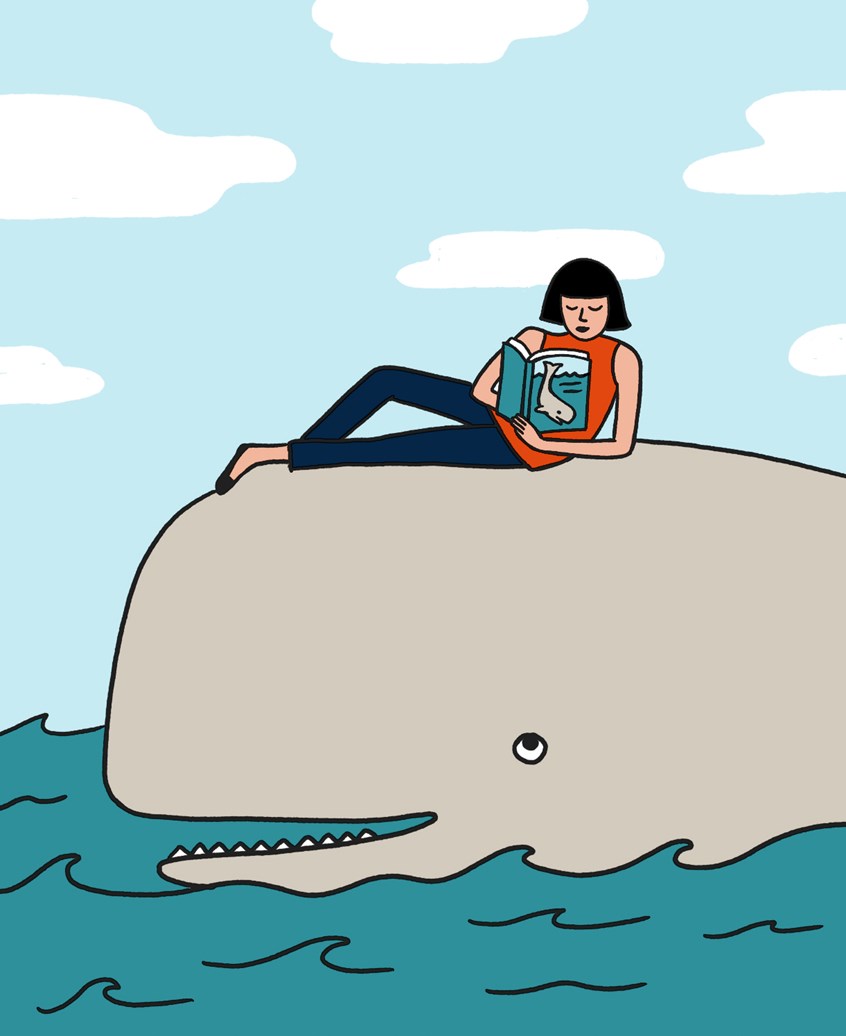 illustration of For the Nebraska Alumni Magazine: alum says Moby Dick was the most influential book she read in college
attack ocean sea fairy-tail children's book water wave whale woman young adult reading kids literature