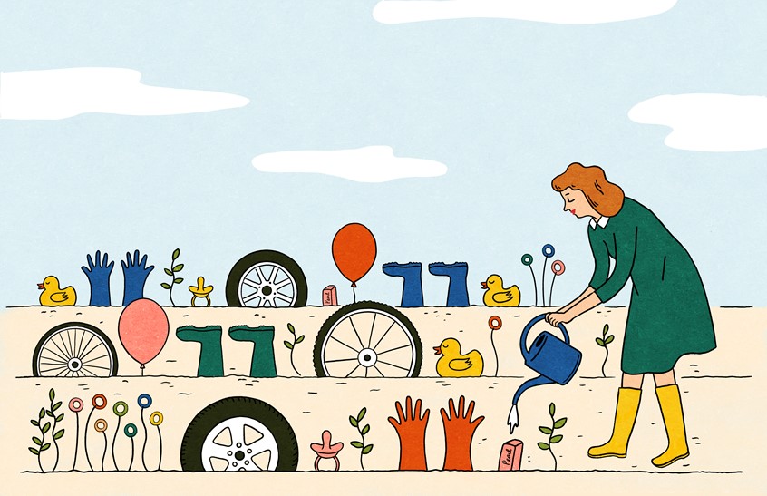 illustration of For Wildflower Magazine, native plant guayule as new source of rubber.
Garden Rubber Native Plant Watering Can Woman gardening rain boots tires balloons duck clouds