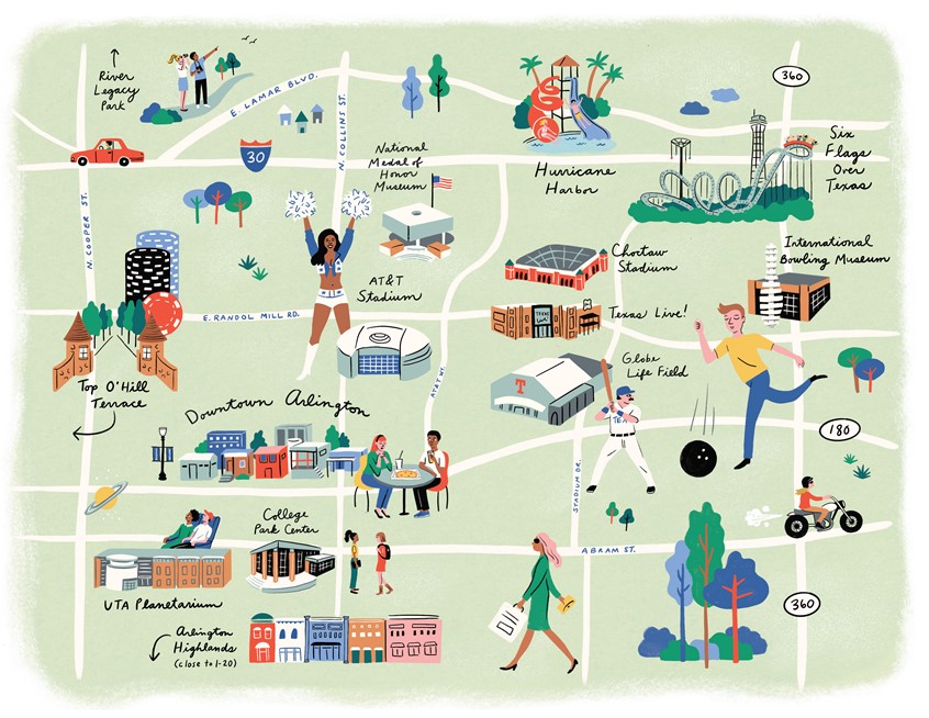 illustration of Guide map of key places in Arlington for Texas Monthly magazine.
travel, restaurants, tourism, things to do, eating, drinking, crafts, map