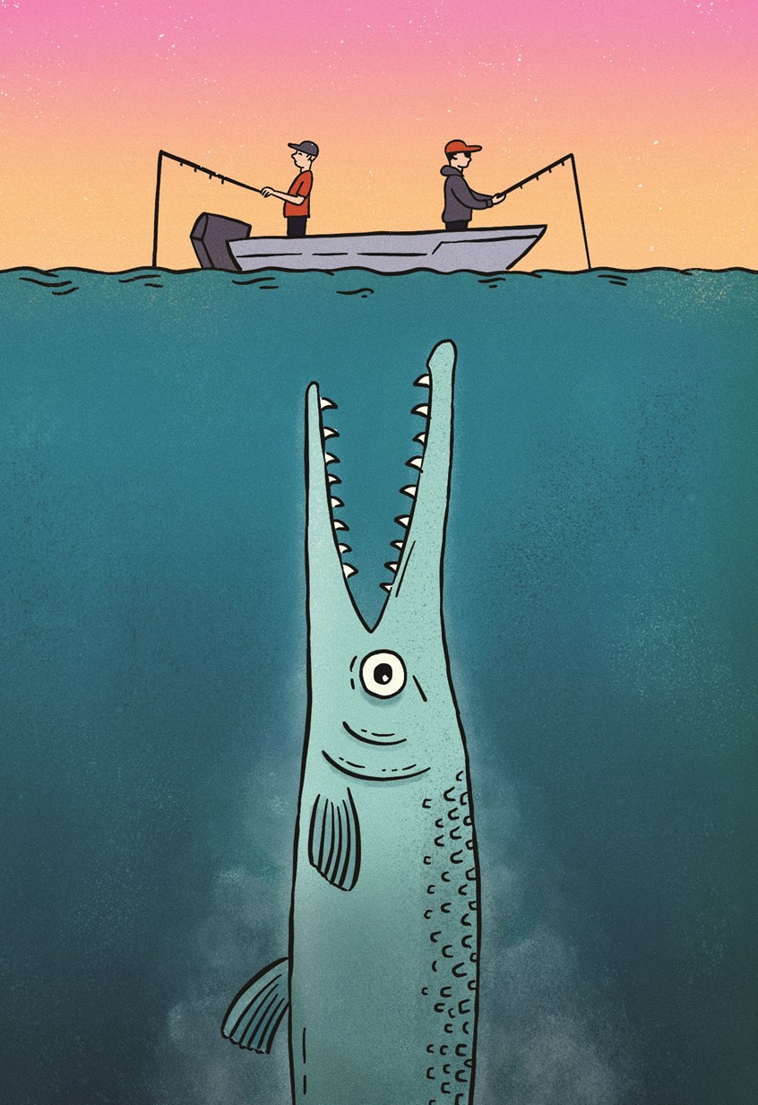 illustration of Art Weston with Captain Kirk Kirkland catch what may be a world record setting 251-pound alligator gar on the Trinity River. Illustration for the Texas Observer magazine
Keywords: Fish, Jaws, fishing, summer, human, happy, boat, ocean, blue, water