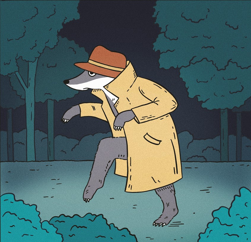 illustration of State park officials asked for help via Facebook when a camera caught footage of a furry, potbellied creature with stubby legs
Keywords: Badger, sneaking, state park, yellow coat, mysterious, detective, animal, trees, conceptual, whimsical, humor, children's book illustration, facebook